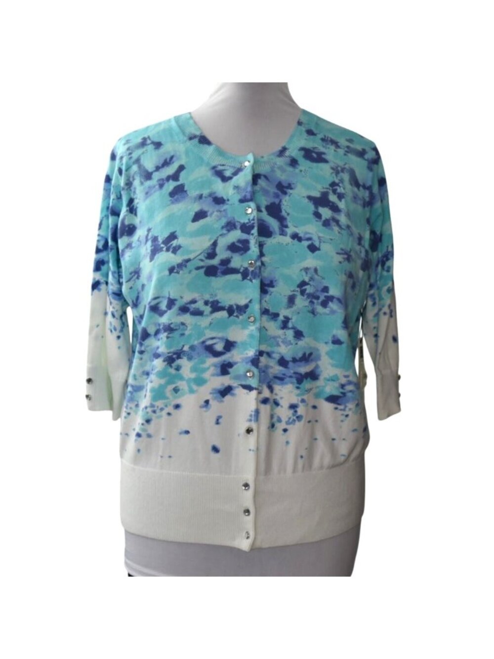 Carole Little Womens 1X Blue Watercolor Print Cardigan Lightweight Knit Sweater